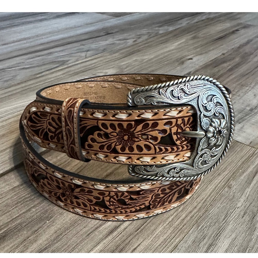 Roper Natural Tooled Genuine Leather Floral Western Belt Silver Buckle XL 40/42
